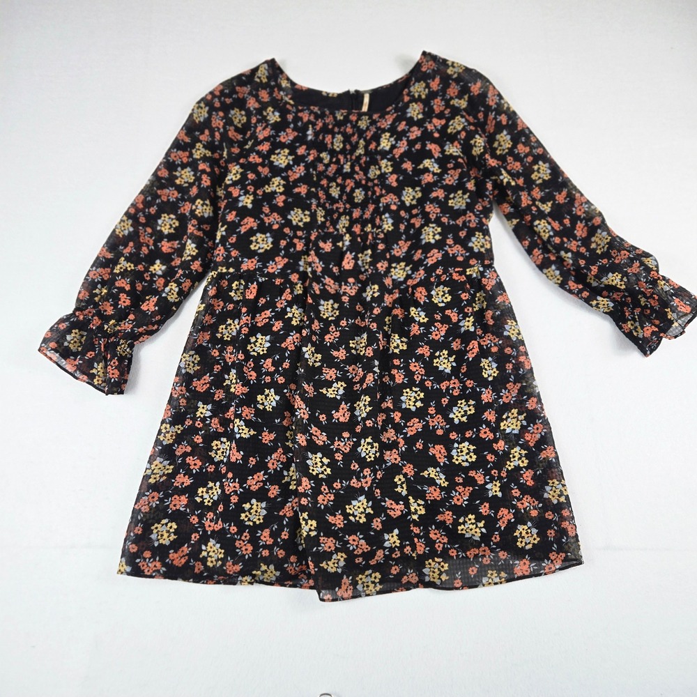 Free People Floral Mini Dress Womens S Black Good Smocked Long Sleeve Boho (D11)